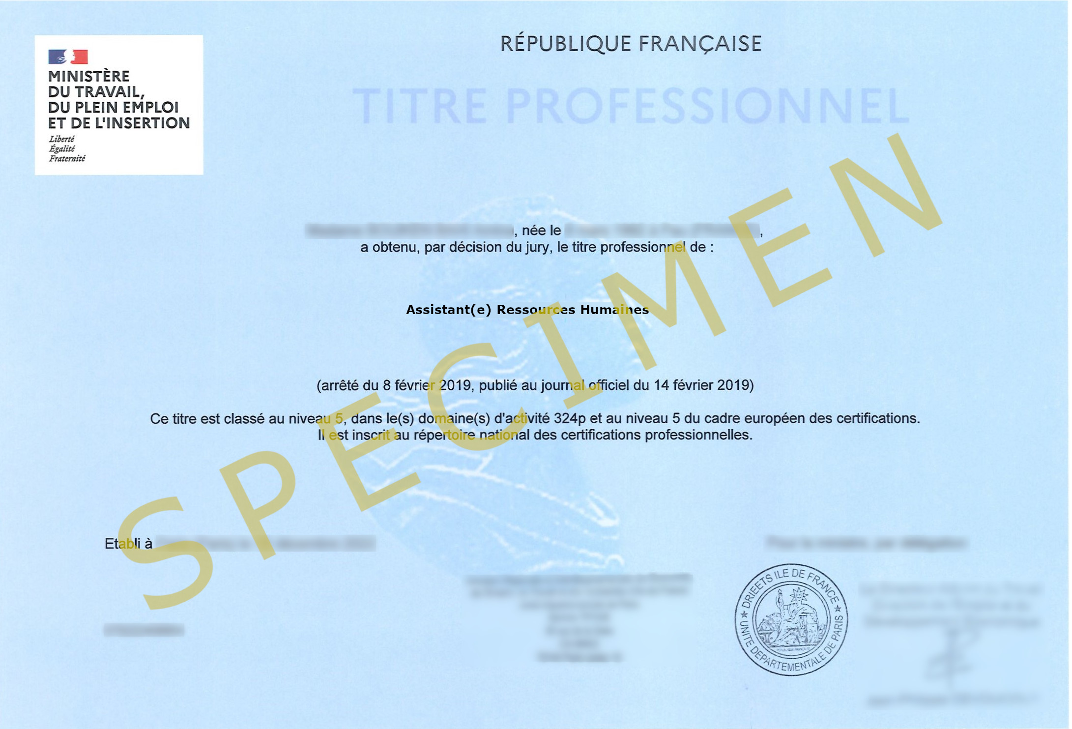 Spécimen diplôme Assistante Ressources Humaines