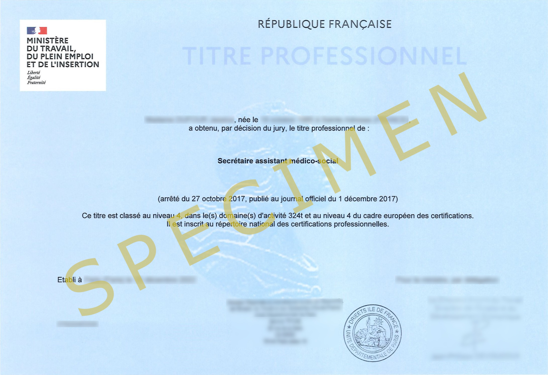 Spécimen Diplôme Secrétaire Assistant(e) Médico Social(e)